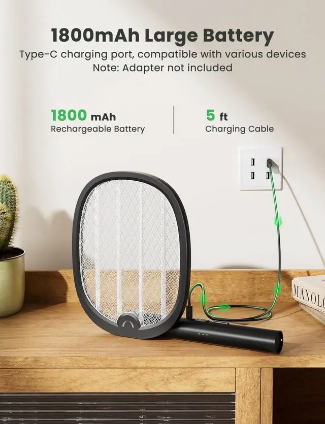 Alt view image 4 of 7 - Electric Fly Swatter Foldable Bug Zapper Racket 2 in 1 Mosquito Killer with Attractant Light Rechargeable 1800mAh for Indoor Home Backyard Patio Camping