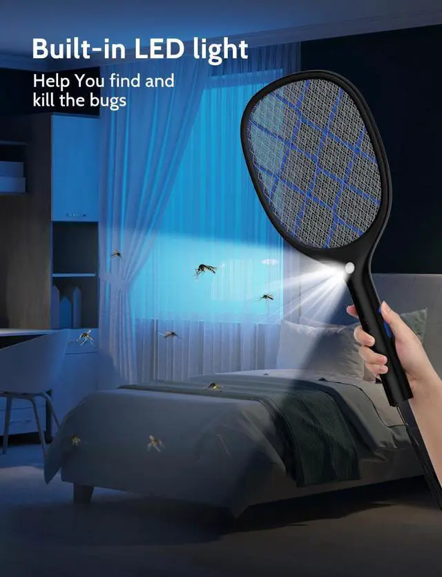 Alt view image 2 of 7 - Electric Fly Swatter Bug Zapper Racket 4000V Rechargeable Mosquito Killer with LED Light for Indoor Home Office Backyard Patio Camping (2, Black Blue)