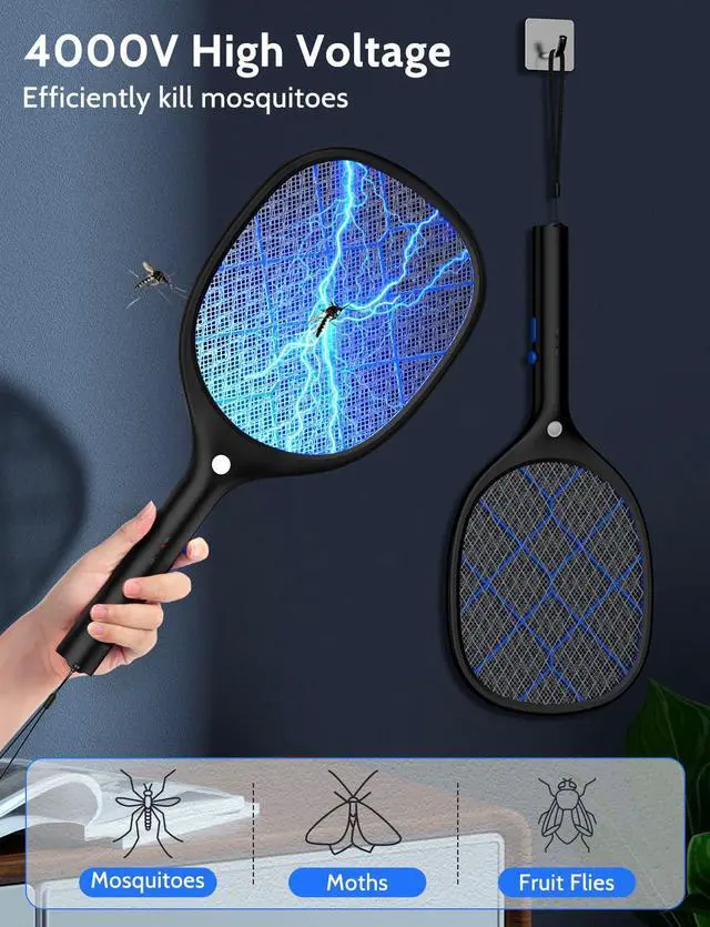 Alt view image 3 of 7 - Electric Fly Swatter Bug Zapper Racket 4000V Rechargeable Mosquito Killer with LED Light for Indoor Home Office Backyard Patio Camping (2, Black Blue)