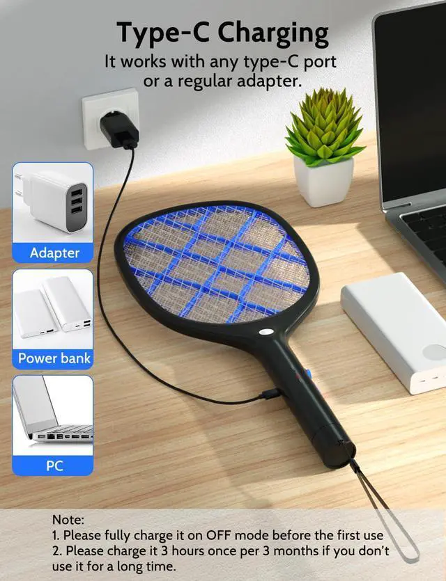 Alt view image 4 of 7 - Electric Fly Swatter Bug Zapper Racket 4000V Rechargeable Mosquito Killer with LED Light for Indoor Home Office Backyard Patio Camping (2, Black Blue)