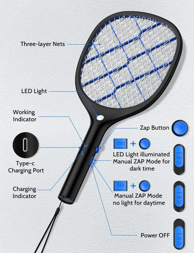 Alt view image 5 of 7 - Electric Fly Swatter Bug Zapper Racket 4000V Rechargeable Mosquito Killer with LED Light for Indoor Home Office Backyard Patio Camping (2, Black Blue)