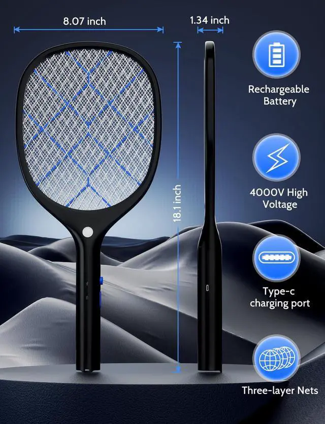 Alt view image 7 of 7 - Electric Fly Swatter Bug Zapper Racket 4000V Rechargeable Mosquito Killer with LED Light for Indoor Home Office Backyard Patio Camping (2, Black Blue)