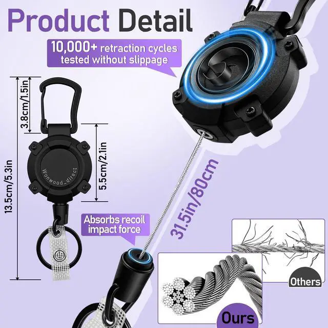 Alt view image 3 of 7 - Retractable Keychain 2 Pack Heavy Duty Badge Reel, Heavy Duty Carabiner ID Badge Holder Retractable Key Ring, Extendable Key Holder with 31.5" Steel Cord, 9oz