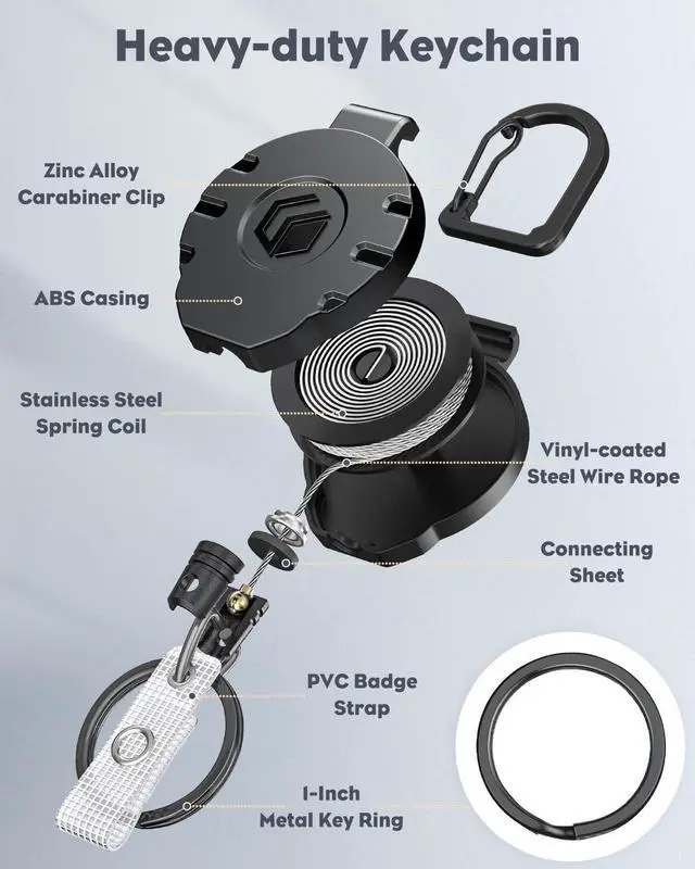 Alt view image 5 of 7 - 2 Pack Retractable Keychain Heavy Duty Carabiner Badge Holder Tactical ID Badge Reel for up to 8 oz with Stainless Steel 31.5 Inch Steel Wire Rope Retractable Lanyard Clip and Key Ring