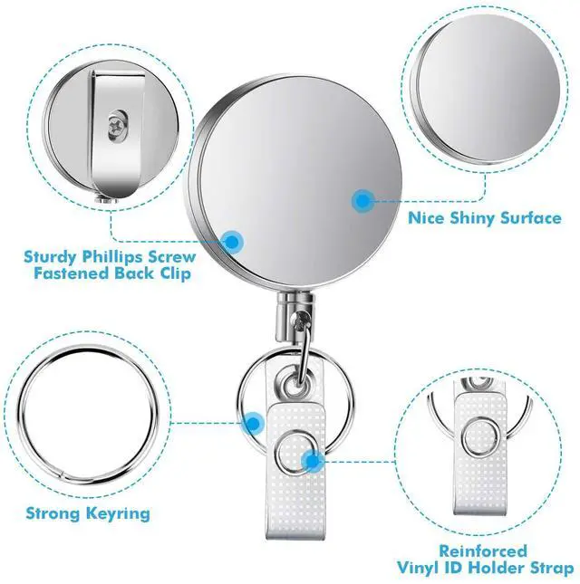 Alt view image 5 of 7 - 4 Pieces Retractable Badge Holder Heavy Duty Badge Reels ID Holder with Keychain Ring Clip for ID Card Carabiner Key Card Work Badge