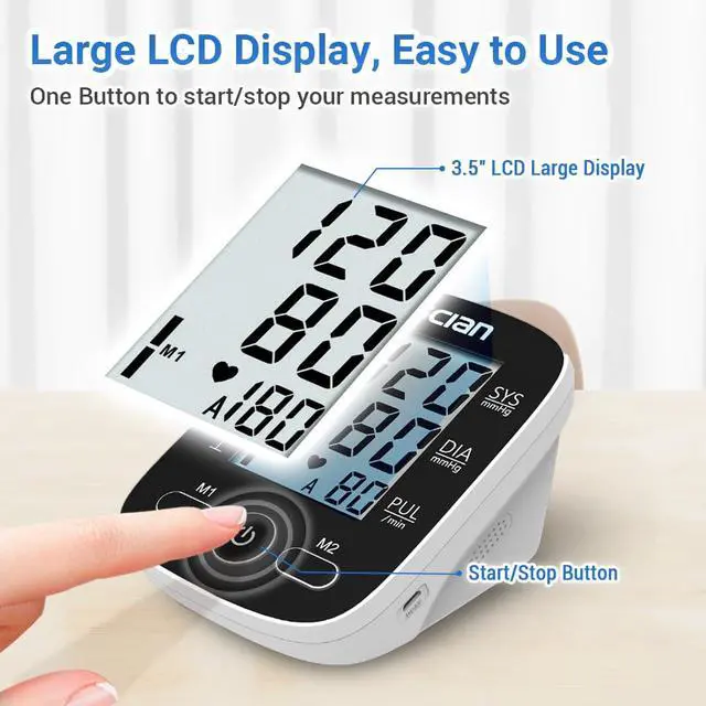 Alt view image 3 of 7 - Blood Pressure Monitor Upper Arm for Home Use, Automatic Blood Pressure Arm Cuff with Large Cuff 8.7"-16.5", Large LCD Display, 2 User 180 Memory, USB Cable (Black)