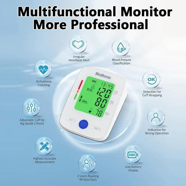 Alt view image 5 of 6 - Blood Pressure Monitor for Home Use Upper Arm,Medhome Blood Pressure Machine Upper Arm Large Cuff(8.7"-16.5" Adjustable),Automatic high Blood Pressure Cuff,Easy to use,2 * 120 Memory,