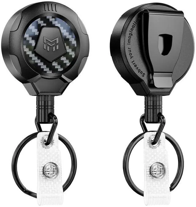 Main image of Upgraded Heavy Duty Retractable Keychain with Belt Clip, 10 OZ Retraction, 31.5" Stainless Steel Cord Key Chain, 3K Carbon Fiber ID Badge Reel Holder with Badge Strap and Key Ring, 2 Pack