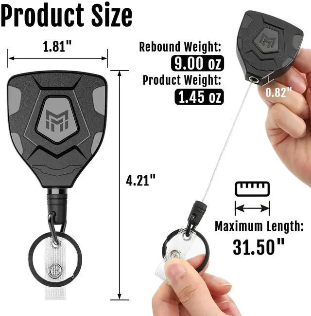 Alt view image 3 of 6 - Heavy Duty Retractable Keychain with Belt Clip, ID Badge Reel Key Chain, Badge Holder with 31.5' Steel Cord and Key Ring, 9.0oz, 2-Pack