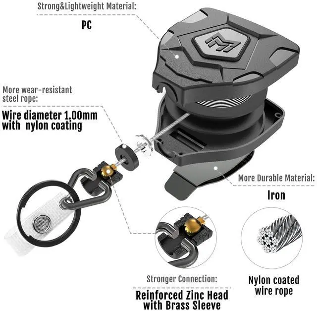 Alt view image 5 of 6 - Heavy Duty Retractable Keychain with Belt Clip, ID Badge Reel Key Chain, Badge Holder with 31.5' Steel Cord and Key Ring, 9.0oz, 2-Pack
