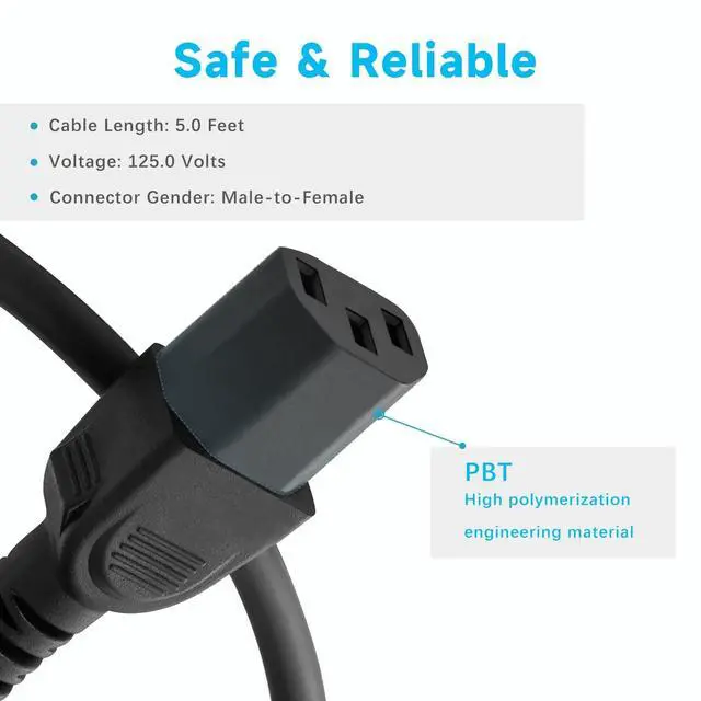 Alt view image 2 of 7 - Compatible with HP, Dell, Acer, Asus, Lenovo, 5ft Universal Laptop Power Cord & 3 Prong AC Cable for Desktop PC, Monitor, Printer