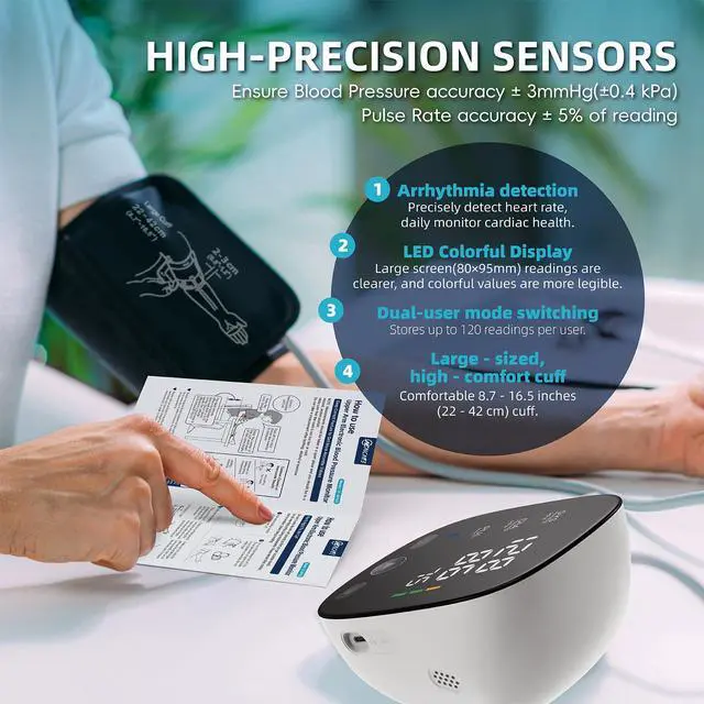 Alt view image 2 of 7 - Upper Arm Electronic Blood Pressure Monitor, Adjustable Wide Range Cuff 8.5''-16.5'', Blood Pressure Monitor for Home Travel Use, Large LED Digital Display with 2×120 Memory