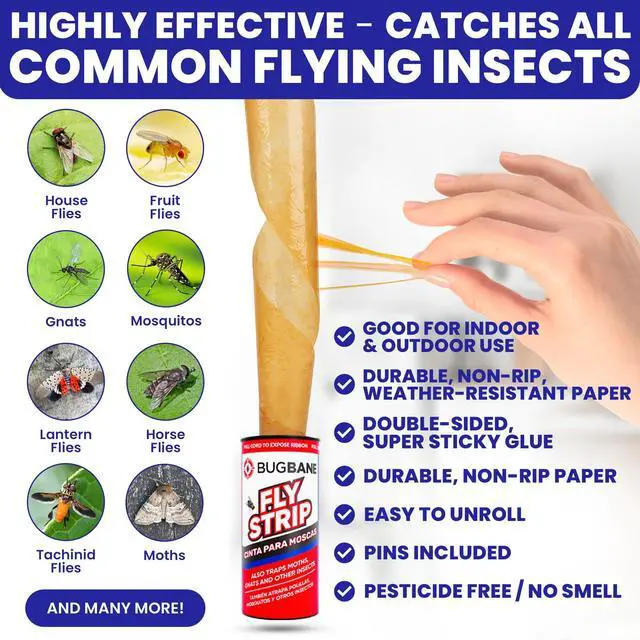 Alt view image 3 of 7 - Fly Strips Indoor Sticky Hanging 24pk with Pins. Non Toxic Outdoor Fly Trap Indoor for Home. Flies Tape Paper Trap Ribbon Roll for House Gnat Fruit and Housefly. Bug Catchers for Inside Home Flypaper.