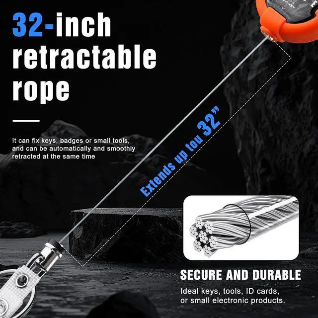 Alt view image 2 of 7 - Retractable Keychain, Heavy Duty Carabiner Badge Holder, Tactical ID Badge Reel with 32 Steel Retractable Cord, 10 OZ with Badge Strap and Key Ring (Orange, 1 Pack)