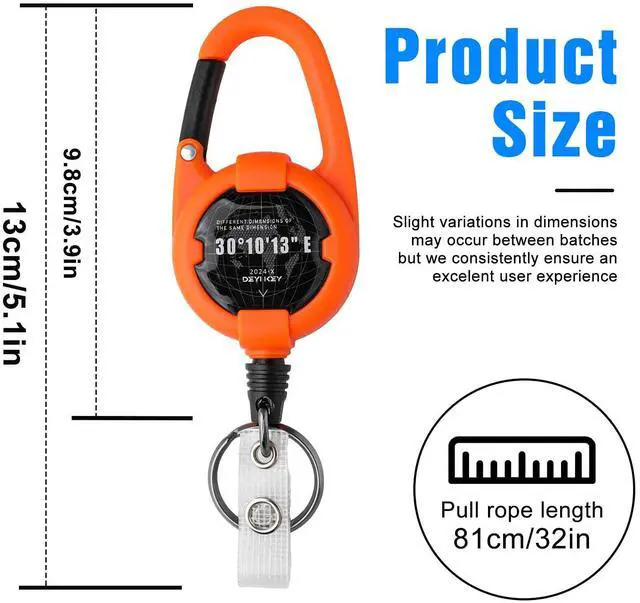 Alt view image 4 of 7 - Retractable Keychain, Heavy Duty Carabiner Badge Holder, Tactical ID Badge Reel with 32 Steel Retractable Cord, 10 OZ with Badge Strap and Key Ring (Orange, 1 Pack)