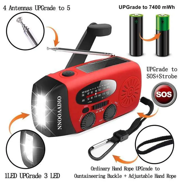 Alt view image 2 of 7 - 2000mAh SOS Alarm Emergency AM FM Weather Radio, 3LED Type-C Hand Crank Solar Battery Operated Portable Wind Up Radio Flashlight, Cell Phone Charger Survival Kit (Red)