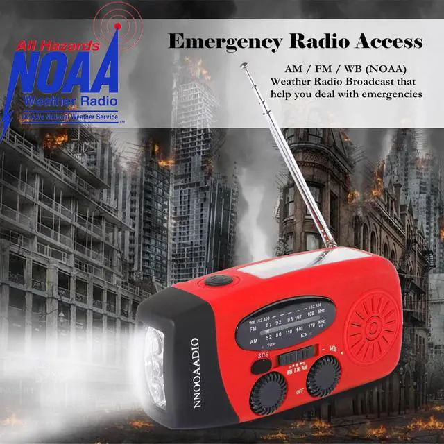Alt view image 7 of 7 - 2000mAh SOS Alarm Emergency AM FM Weather Radio, 3LED Type-C Hand Crank Solar Battery Operated Portable Wind Up Radio Flashlight, Cell Phone Charger Survival Kit (Red)