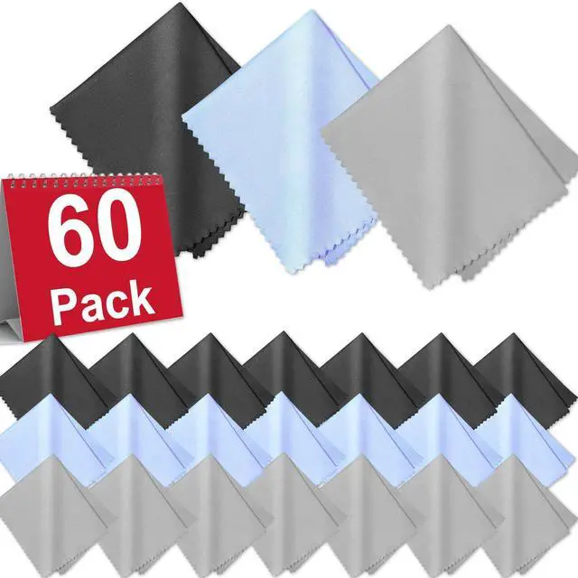 Main image of 60-Pack Microfiber Cleaning Cloths for Glasses, 6x7 Inch Premium Lens Cleaning Cloth for Screens, Cameras, Eyeglasses, Cell Phone, LCD TV ScreensBlackGrey and Light Blue