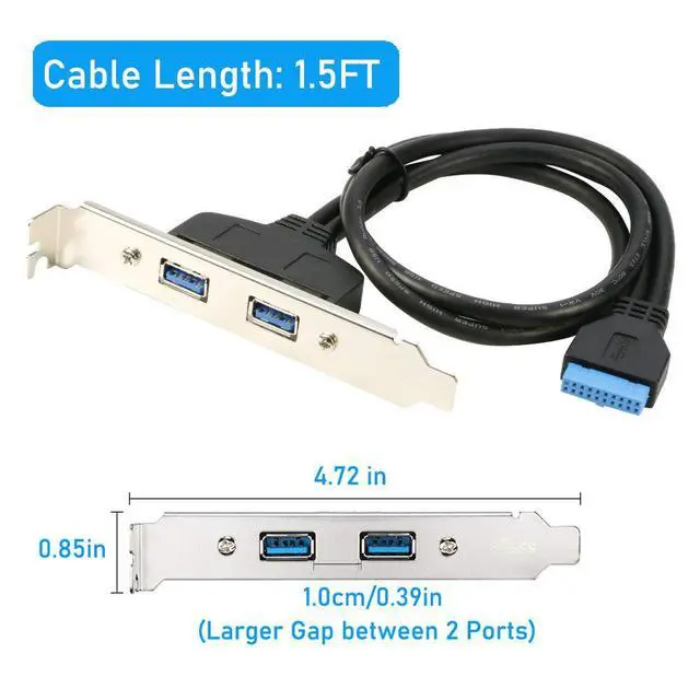 Alt view image 5 of 6 - 2 Ports USB 3.0 Female Back Panel to MB 20pin Header Connector Cable Adapter with PCI Slot Plate Bracket 1.5ft