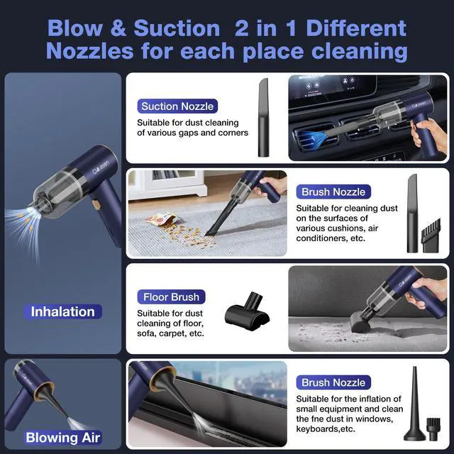 Alt view image 3 of 7 - Car Vacuum Portable 4 in 1 Vacuum Cleaner 12000Pa Mini Handheld Vacuum Cordless Rechargeable 120W High Power Vacuum Cleaner & Air Duster Multi-Nozzles for Car Home Office Pet