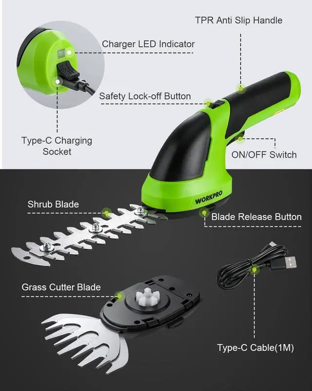 Alt view image 7 of 7 - Cordless Grass Shear & Shrubbery Trimmer - 2 in 1 Handheld 7.2V Electric Grass Trimmer Hedge Shears/Grass Cutter Rechargeable Lithium-Ion Battery and Type-C Cable Included
