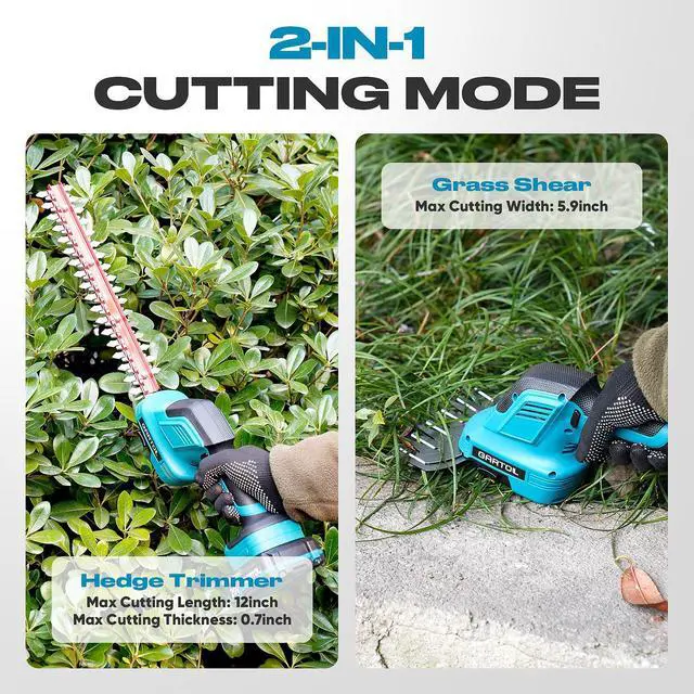 Alt view image 2 of 7 - Hedge Trimmer Cordless 2-in-1, 12'' Bush Trimmer & 20V Battery Powered Grass Shears with Battery & Charger, Lock, Fast Blade Change, Electric Hedge Shears Compatible with 18V Makita Batteries