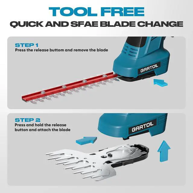 Alt view image 5 of 7 - Hedge Trimmer Cordless 2-in-1, 12'' Bush Trimmer & 20V Battery Powered Grass Shears with Battery & Charger, Lock, Fast Blade Change, Electric Hedge Shears Compatible with 18V Makita Batteries