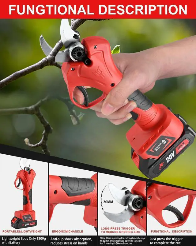 Alt view image 3 of 7 - Electric Pruning Shears, 30mm 1.2" Cutting Diameter Cordless Power Pruner for Gardening with 2Pcs Rechargeable Batteries, Tree Pruner Branch Cutter