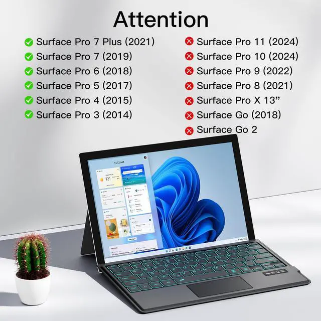 Alt view image 2 of 7 - Surface Pro 7/7+/6/5/4/3 Keyboard Type Cover, 7-Color LED Backlit, Bluetooth 5.0 Wireless, Ultra-Slim Rechargeable Keyboard with Touchpad for Microsoft Surface Pro 7/7Plus/6/5/4/3