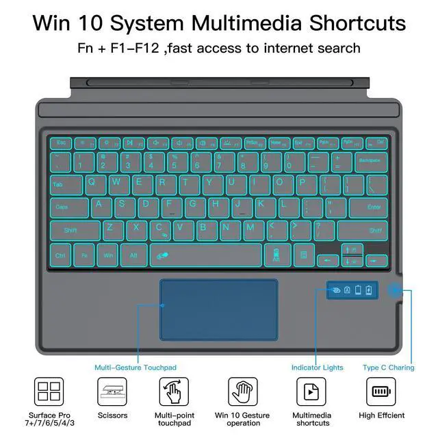 Alt view image 6 of 7 - Surface Pro 7/7+/6/5/4/3 Keyboard Type Cover, 7-Color LED Backlit, Bluetooth 5.0 Wireless, Ultra-Slim Rechargeable Keyboard with Touchpad for Microsoft Surface Pro 7/7Plus/6/5/4/3
