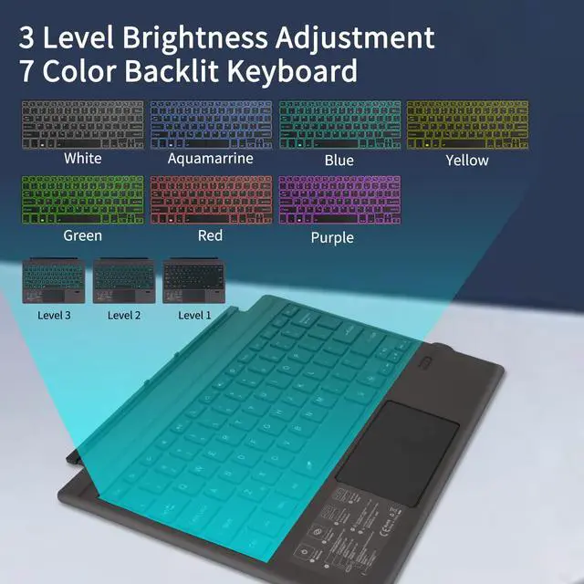 Alt view image 3 of 7 - Surface Pro 7 Wireless Bluetooth Keyboard with Touchpad 7 Color Backlit Rechargeable Battery Detachable Magnetic Keyboard for Microsoft Surface Pro 4/5/6/7/7+
