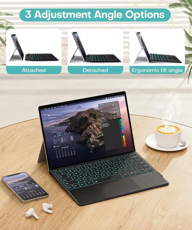 Alt view image 4 of 7 - Surface Pro Keyboard for Microsoft Surface Pro 7/6/5/4/3 7 Plus 12.3 inch, 7 Color Backlit Wireless Type Cover, Bluetooth Ultra-Slim Portable Ergonomic Keyboard with Trackpad, Rechargeable Battery