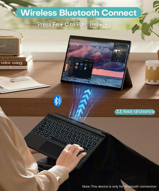 Alt view image 5 of 7 - Surface Pro Keyboard for Microsoft Surface Pro 7/6/5/4/3 7 Plus 12.3 inch, 7 Color Backlit Wireless Type Cover, Bluetooth Ultra-Slim Portable Ergonomic Keyboard with Trackpad, Rechargeable Battery