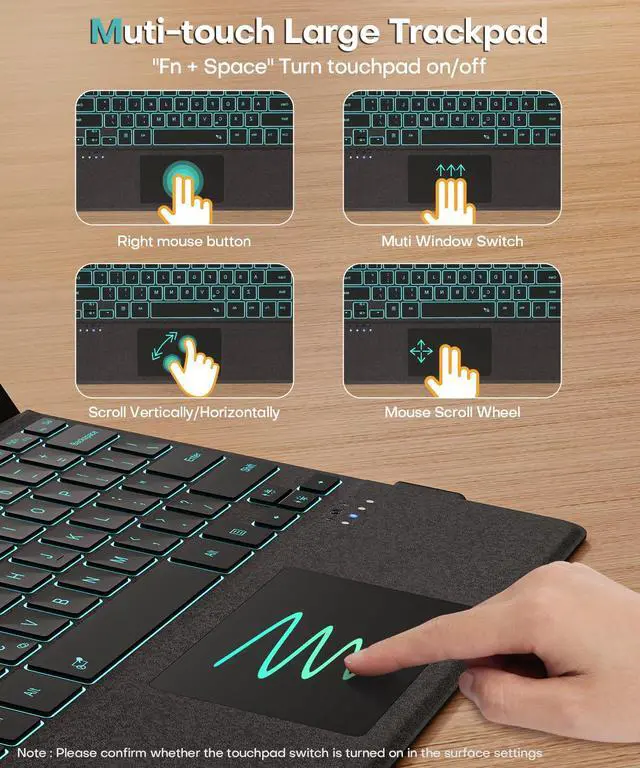 Alt view image 6 of 7 - Surface Pro Keyboard for Microsoft Surface Pro 7/6/5/4/3 7 Plus 12.3 inch, 7 Color Backlit Wireless Type Cover, Bluetooth Ultra-Slim Portable Ergonomic Keyboard with Trackpad, Rechargeable Battery