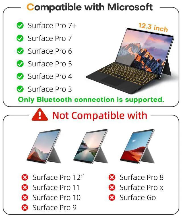 Alt view image 2 of 7 - Surface Pro Keyboard for Microsoft Surface Pro 7/6/5/4/3 7 Plus 12.3 inch, 7 Color Backlit Wireless Type Cover, Bluetooth Ultra-Slim Portable Ergonomic Keyboard with Trackpad, Rechargeable Battery