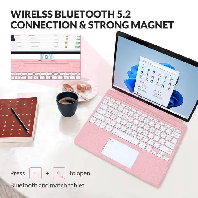 Alt view image 3 of 7 - Surface Pro Type Cover,Ultra-Slim Portable Bluetooth Wireless Keyboard with Touchpad,7 Color Backlit,Compatible with Surface Pro-8/9/X Only (Pink)