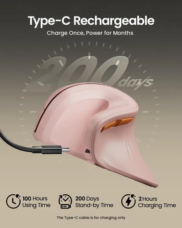 Alt view image 2 of 7 - EM11 NL Wireless Ergonomic Vertical Mouse, Rechargeable, Pink
