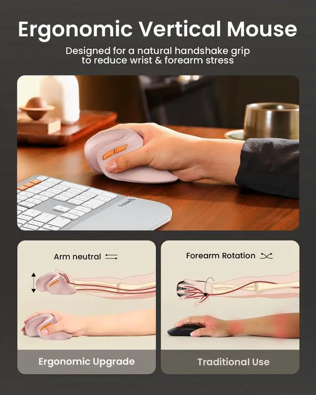 Alt view image 7 of 7 - EM11 NL Wireless Ergonomic Vertical Mouse, Rechargeable, Pink