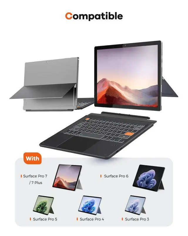 Alt view image 2 of 7 - Surface Pro 7/7 Plus/6/5/4/3 12.3 inch Keyboard, Bluetooth Keyboard with Touch Pad & Lighting Keys Compatible with Surface Pro 12.3", Ultra-Slim Wireless Keypad for Windows 11