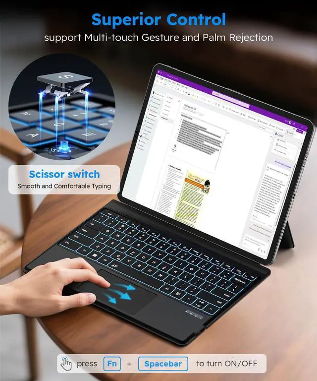 Alt view image 5 of 7 - Surface Pro 3/4/5/6/7/7+ Keyboard, Ultra-Slim Wireless Bluetooth Surface Keyboard with Palm-Rejection Trackpad, 7-Color Backlit, Sleep/Wake Function, Long Battery Life