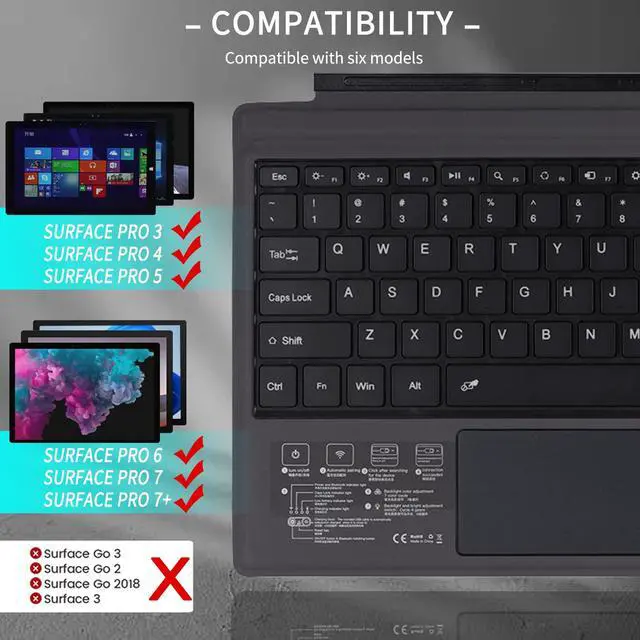 Alt view image 2 of 7 - Bluetooth 5.3 Wireless Magnetic Keyboard with Touchpad for Microsoft Surface Pro 4/5/6/7/7+ Portable Tablet Flip Stand Built in Battery Type C Charging Keyboard