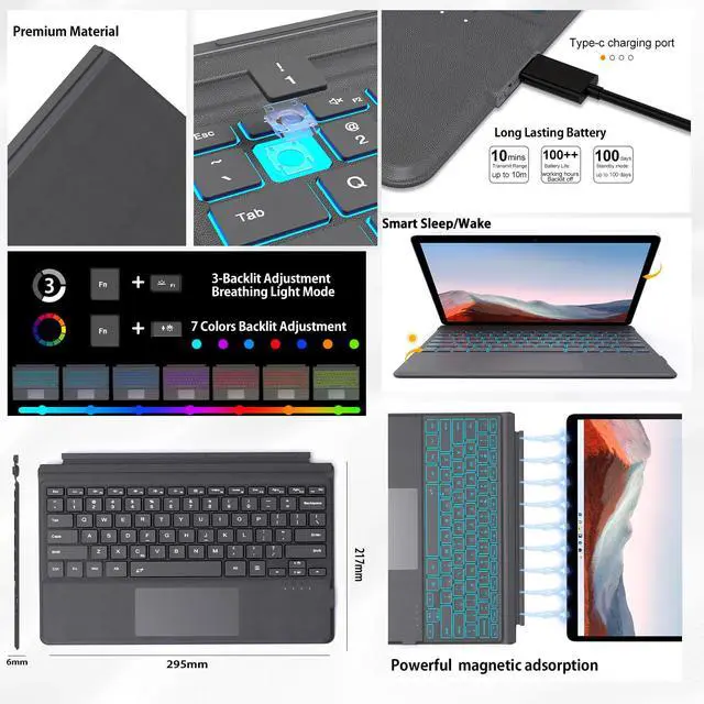 Alt view image 3 of 7 - for Surface Pro 7+/7/6/5/4/3 Keyboard, Bluetooth Wireless Keyboard with Palm Rejection Touchpad, Rechargeable Battery, 7-Color Backlit for Microsoft Surface Pro 12.3 inch
