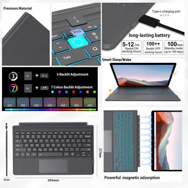Alt view image 5 of 7 - for Surface Pro 7+/7/6/5/4/3 Keyboard, Bluetooth Wireless Keyboard with Palm Rejection Touchpad, Rechargeable Battery, 7-Color Backlit for Microsoft Surface Pro 12.3 inch