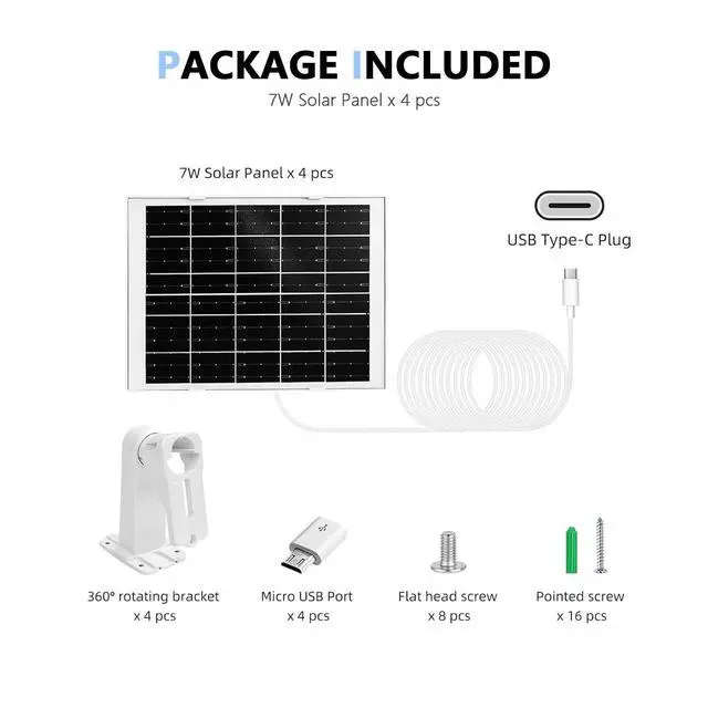 Alt view image 2 of 6 - 4 Pack 8W Camera Solar Panel Charger Cable Compatible with Eufycam SoloCam 3/3C s300/2,2 Pro, 2C, 2C Pro,c210,s330,s340,e340, E,Eufy E20, E40/L20/L40/S40/4G Security Camera Micro USB & USB Type C