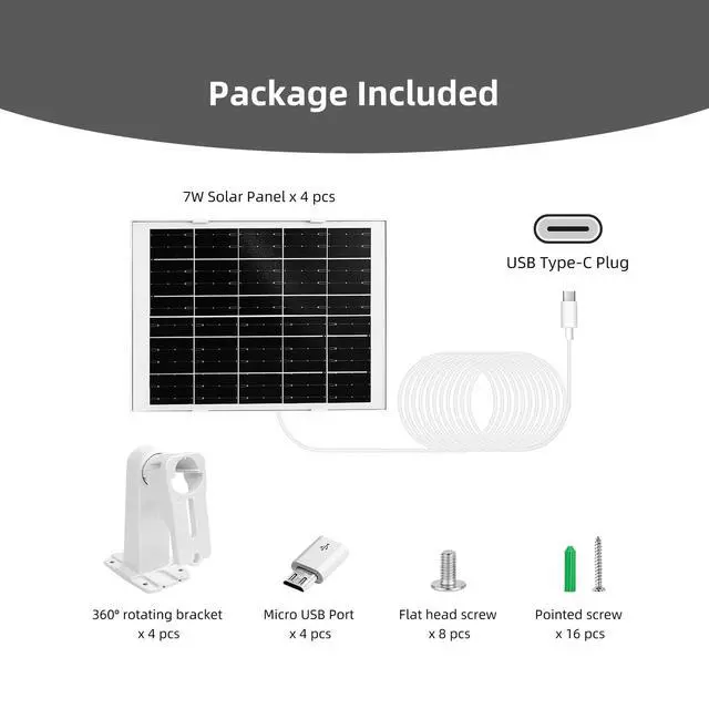 Alt view image 6 of 6 - 4 Pack 7W Camera Solar Panel Charger Compatible with eufyCam 3/S330, 3C/S300, S350/C220/C210, eufy SoloCam S220/S340/C210 Camera Solar Charger with 9.3FT Type-C Charging Cable Cord & Micro USB Port