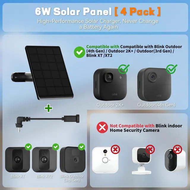 Alt view image 2 of 7 - 4 Pack 6W Solar Panel for Blink Camera, High-Efficiency Monocrystalline Silicon Solar Panels Compatible with Blink Outdoor 2K+, 4(4th Gen)/(3rd Gen)/XT3,XT2/XT,IP66 Wterproof,10Ft Outdoor Power Cable