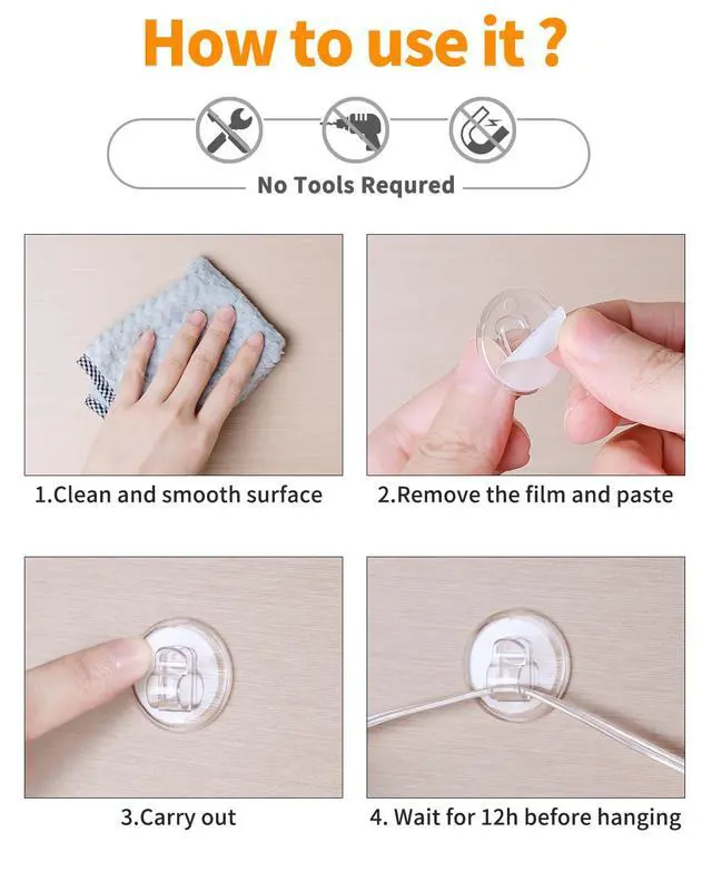 Alt view image 4 of 7 - 50 Clear Mini Light Clips: Small Hooks with Adhesive Strips for Indoor String Light - Plastic Damage Free Wall Hook for Hanging Tiny Fairy Christmas Light Cable Hangers Decoration Decor (50)