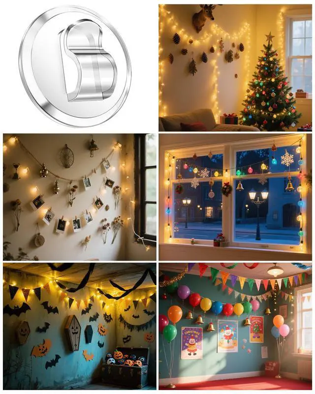 Alt view image 7 of 7 - 50 Clear Mini Light Clips: Small Hooks with Adhesive Strips for Indoor String Light - Plastic Damage Free Wall Hook for Hanging Tiny Fairy Christmas Light Cable Hangers Decoration Decor (50)