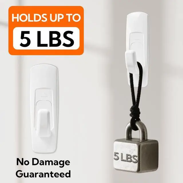 Alt view image 4 of 7 - 5lbs Adhesive Wall Hooks, Damage-Free Removable Hanging Hooks for Walls, Heavy Duty Utility Hooks, White Plastic Stick On Hooks for Hanging (7 Hooks 12 Strips)