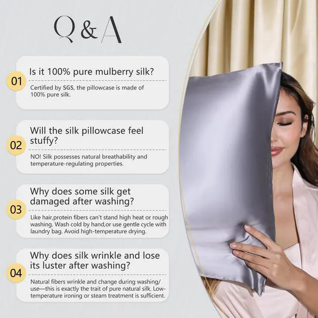 Alt view image 5 of 7 - Upgraded 100% 6A Grade Pure Mulberry Silk Pillowcase for Hair and Skin Silk Pillow Cases with Reinforced Hidden Zipper, More Soft & Durable, Gift Box (Standard 20"x26" Grey)